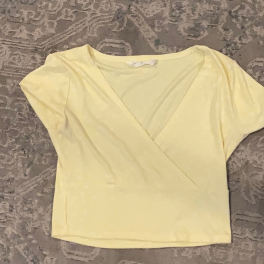 All in Favor Yellow Fitted Wrap Blouse with Cap Sleeves